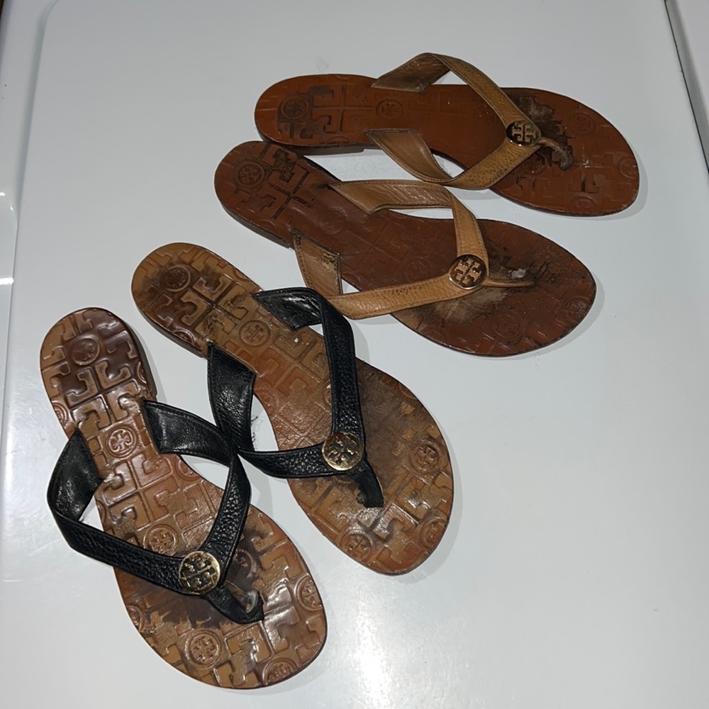 Two pairs of used Tory Burch leather sandals size 7
